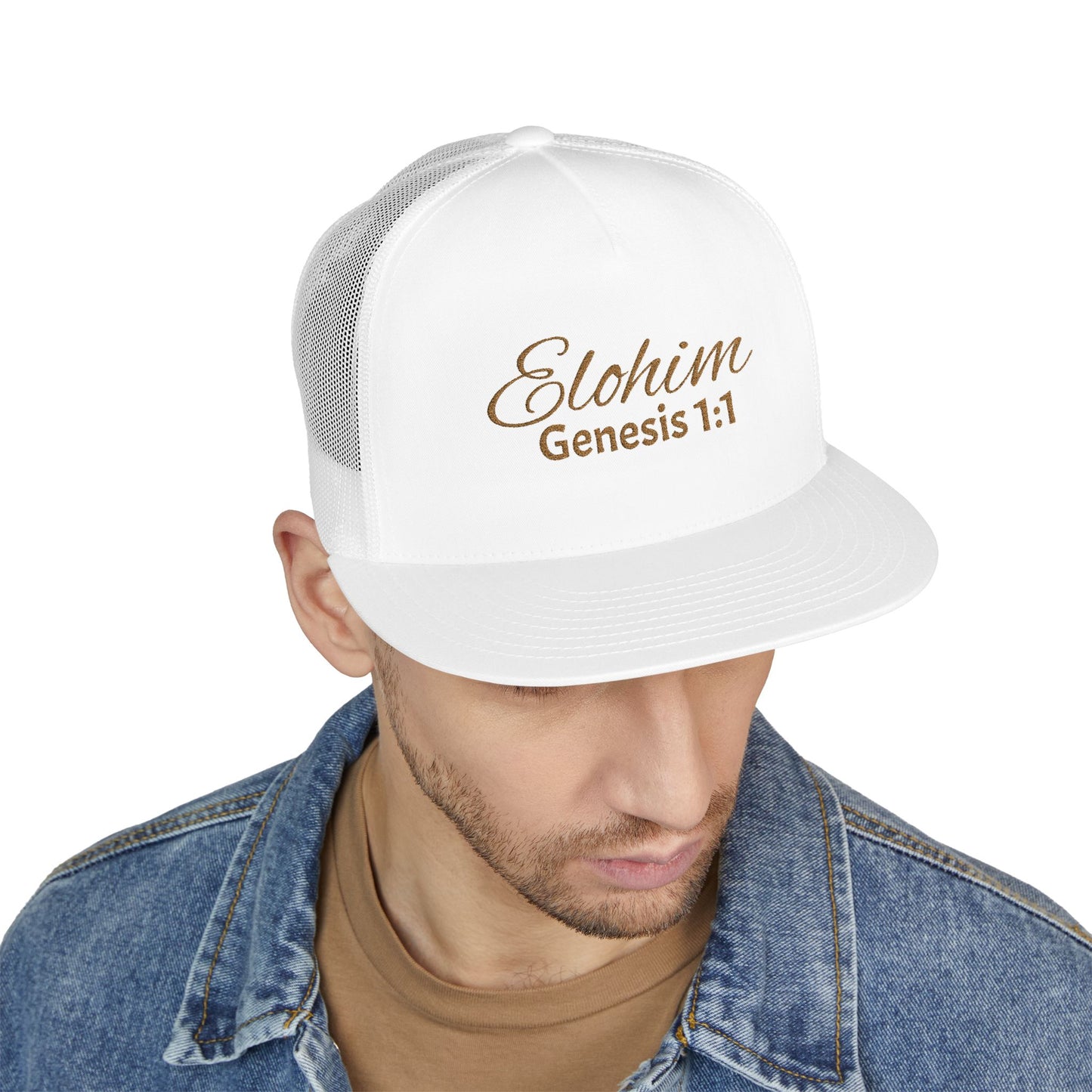 'ELOHIM, GENESIS 1:1'  Embroidered 5 Panel Trucker Cap | Casual Style Hat, Adjustable, Unisex, Perfect Gift for Outdoors, Festivals, Daily Wear