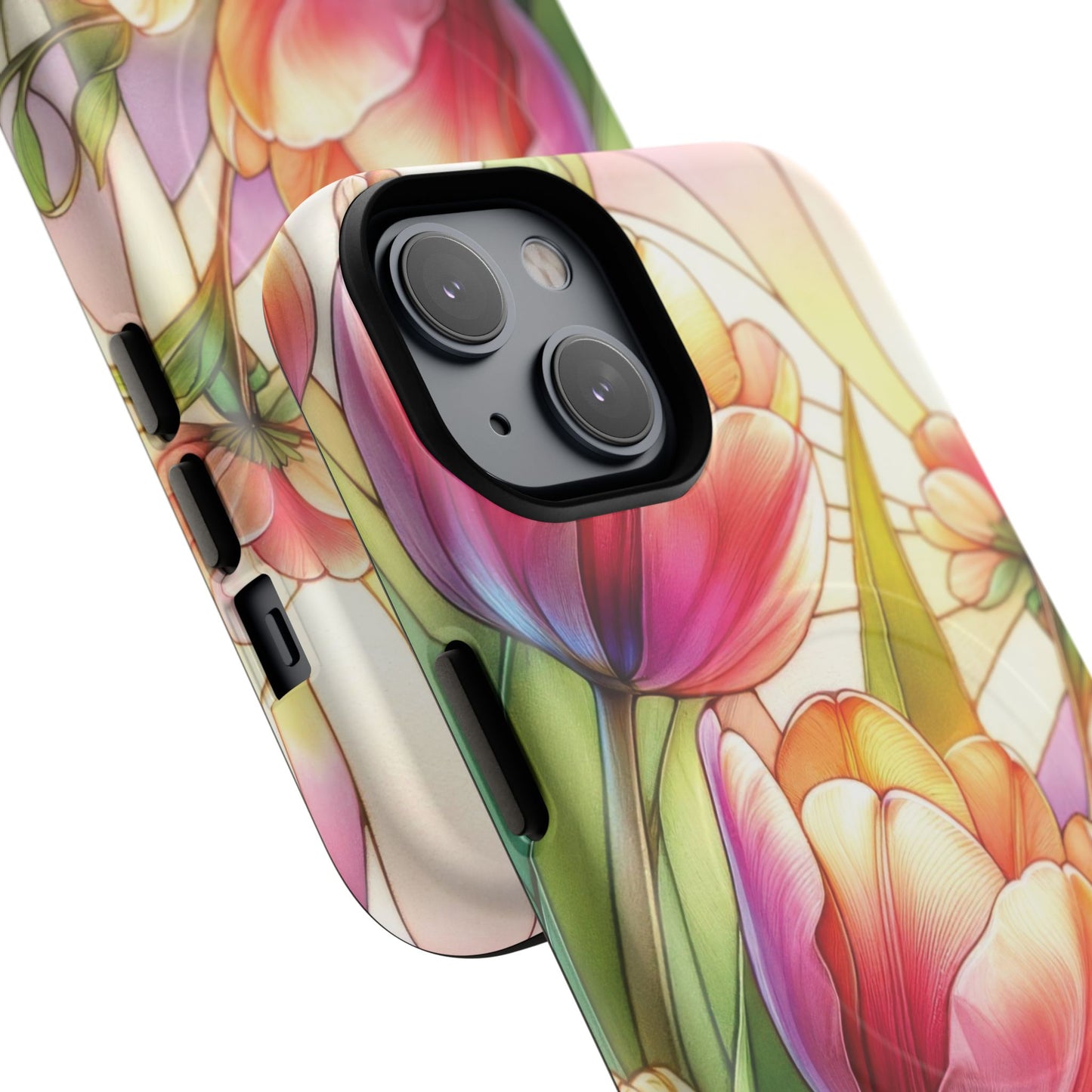 Tulip Glow Tough iPhone Magnetic Case, Floral Design, Spring Gift, Durable Protection, Smartphone Accessories, MagSafe Accessories, Stained Glass Tulip Gift