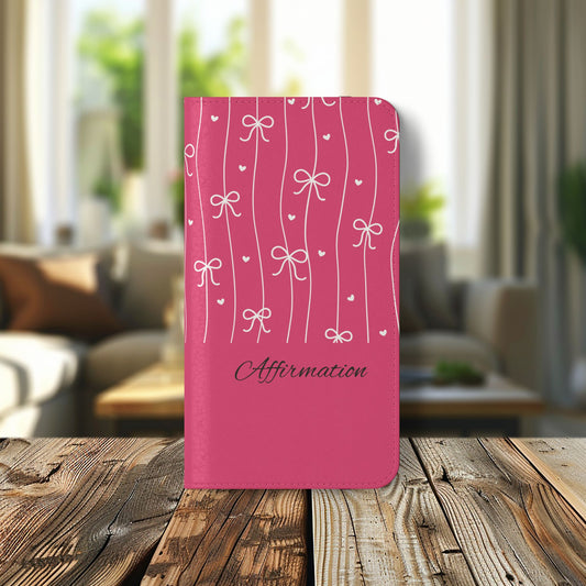 Personalized Pink Bow Coquette Flip iPhone and Samsumg Case — Custom Name or Affirmation Wallet Cover