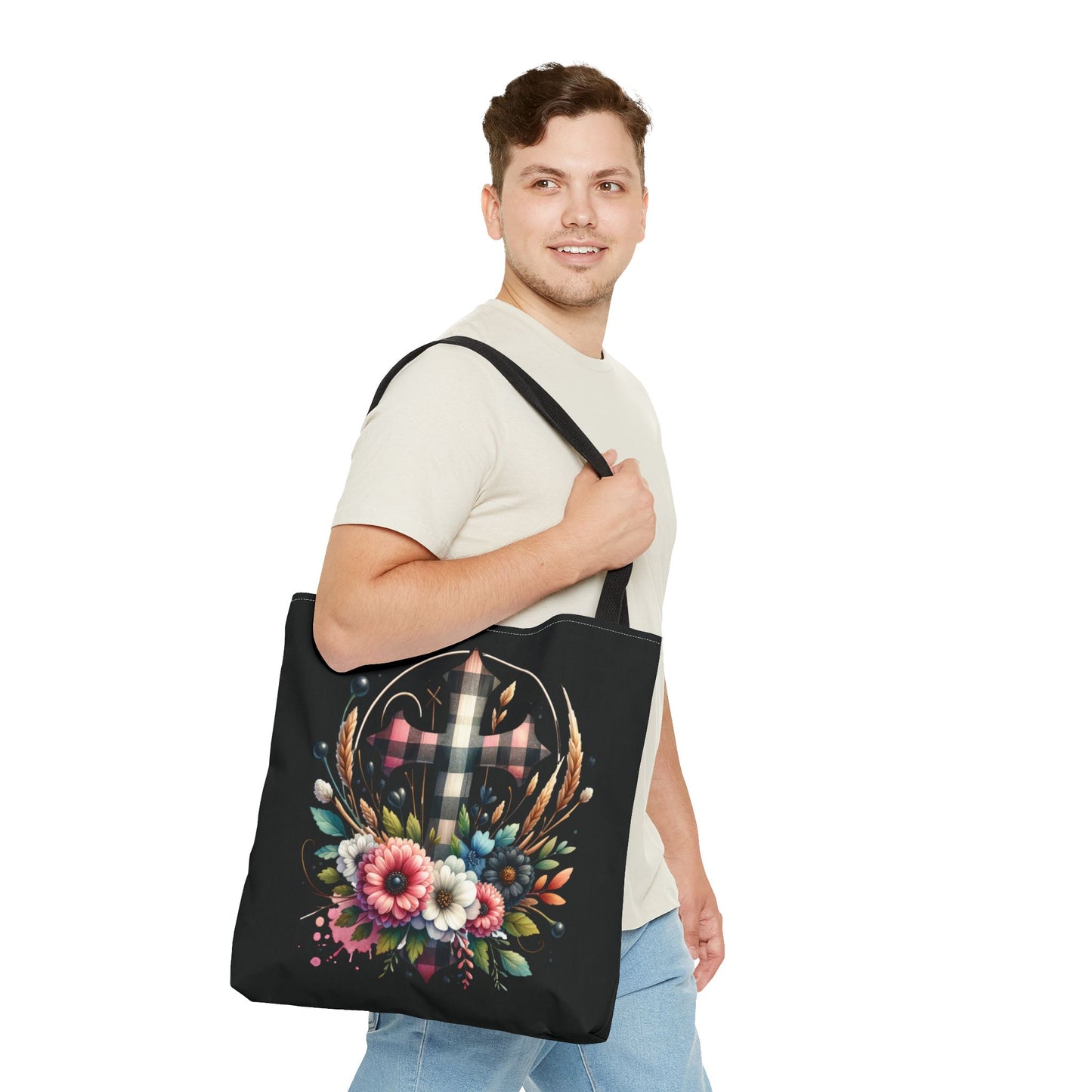 Faith and Floral Cross Heart Tote Bag