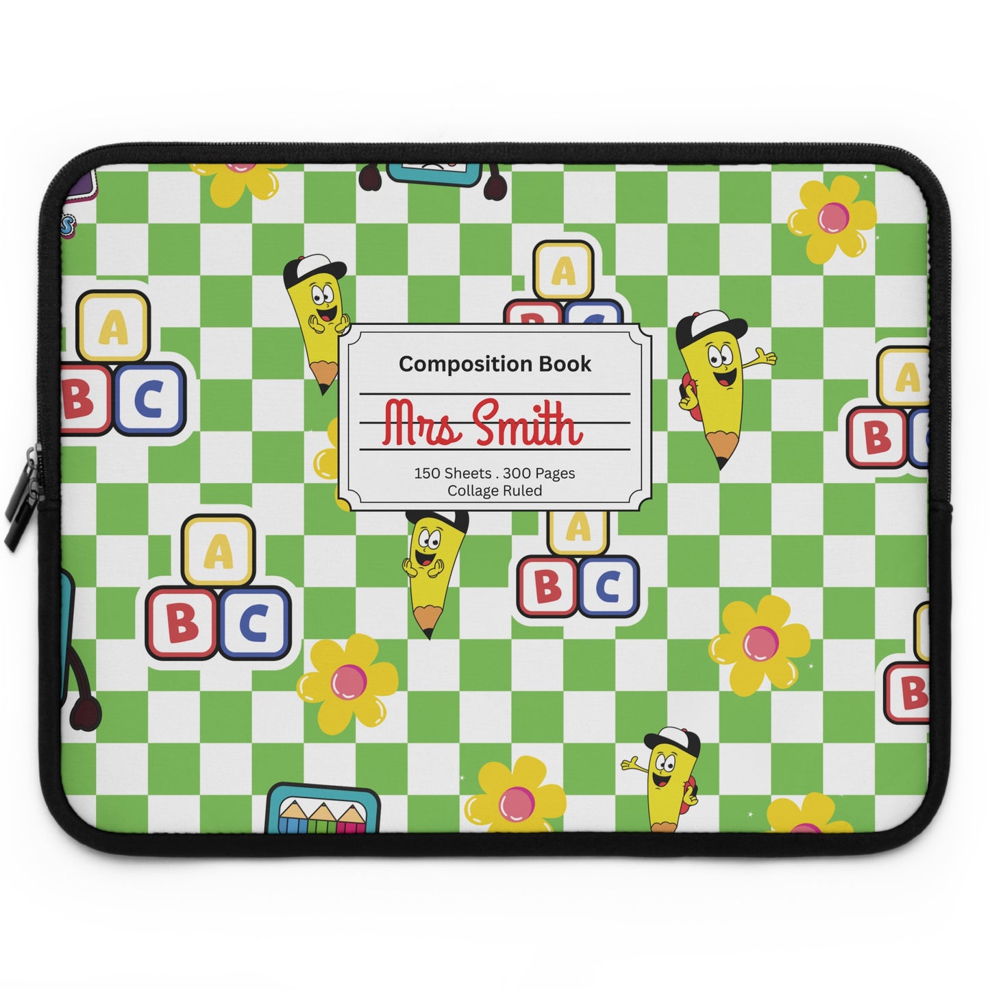 Personalized Green SchoolYard Chic Laptop Sleeve with Composition Book Inspired Design, Customizable Tech Case, School Supplies, Gift for Students, College Essentials, Back to School