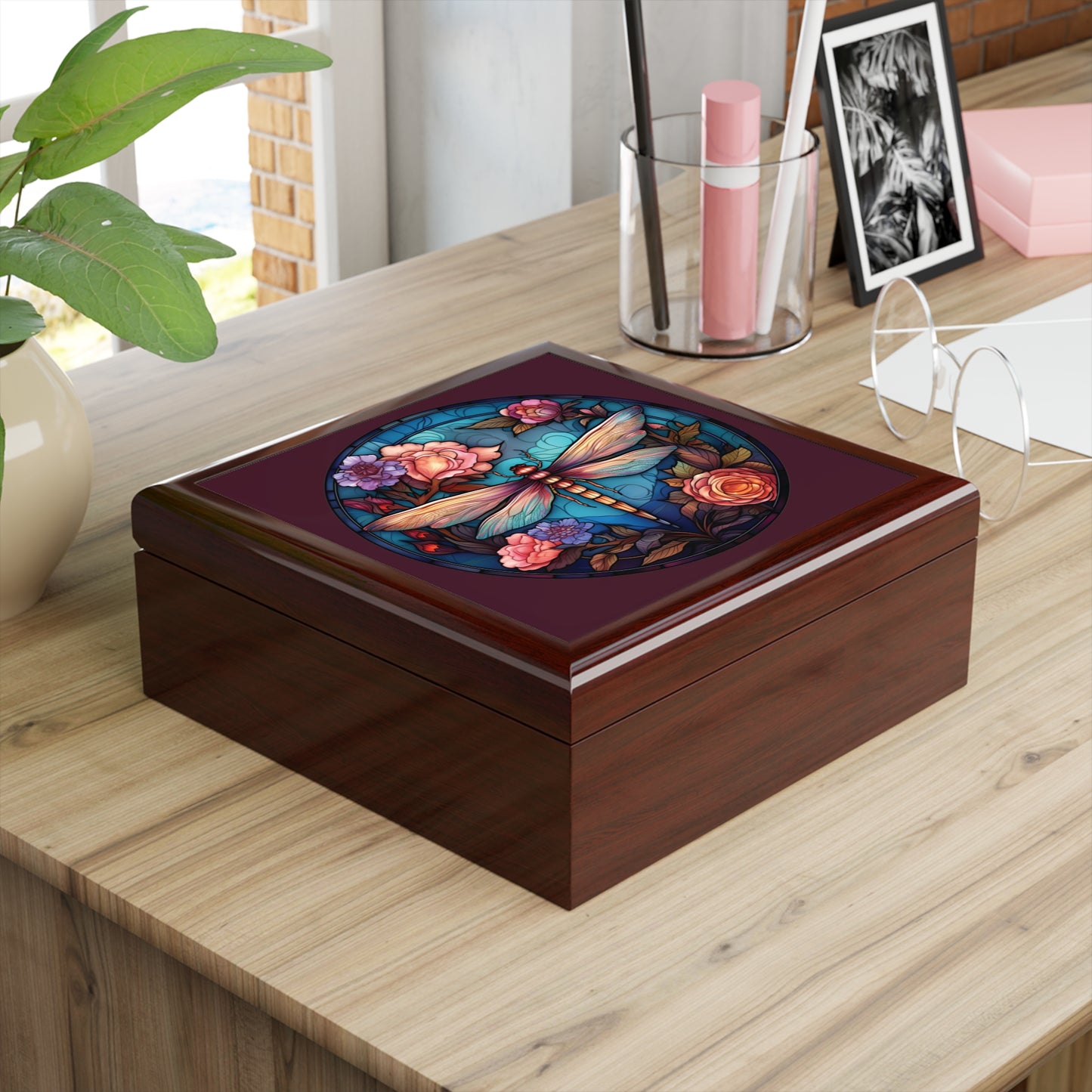 Dragonfly Floral Jewelry Box – Stained Glass Style Trinket Case
