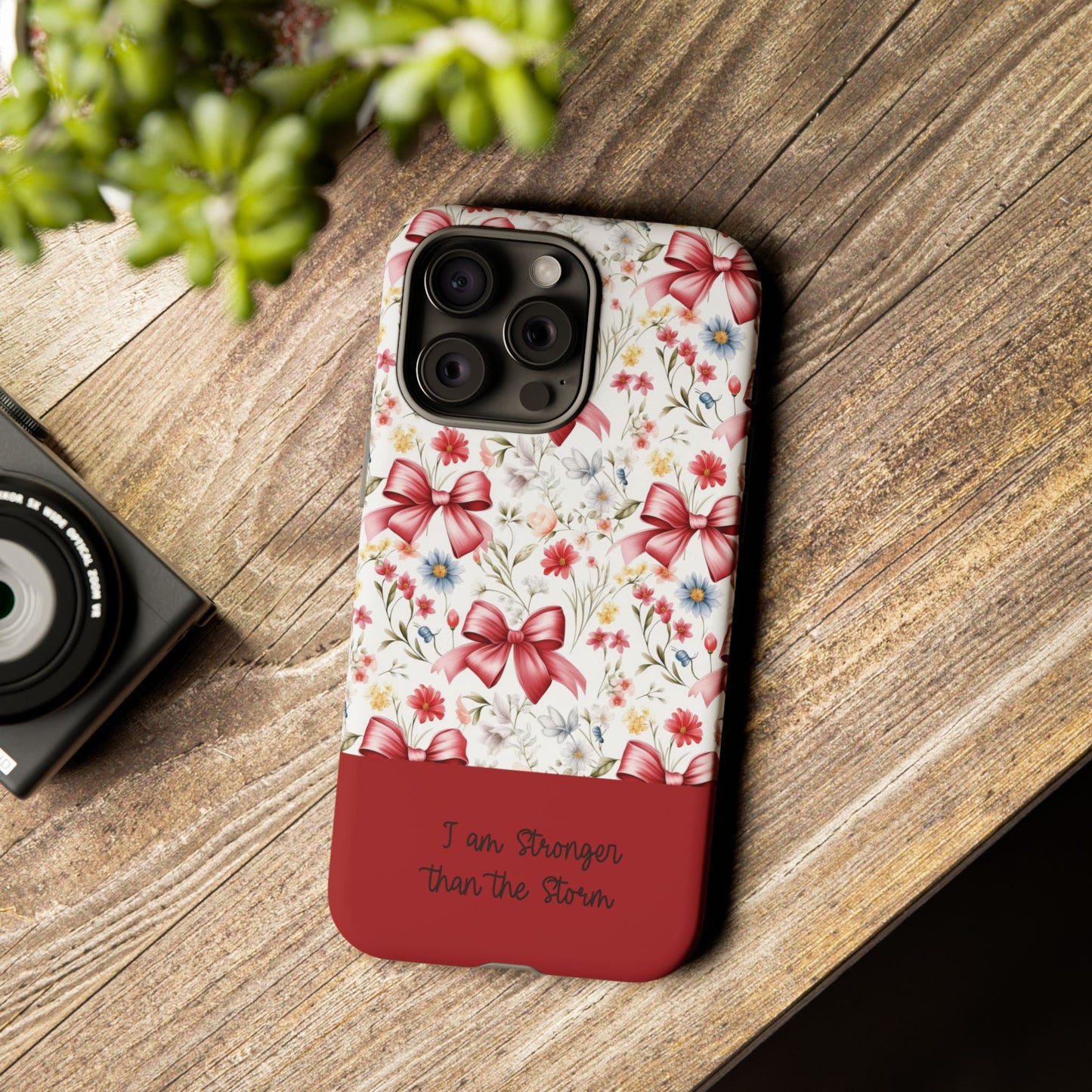 Personalized Rosette Coquette Phone Case - Custom Name/Message 'I Am Stronger Than The Storm' Floral Bow Protective Case