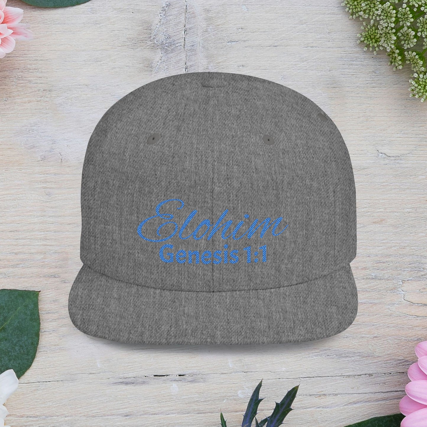 Blue Embroidery 'ELOHIM, GENESIS 1:1' Flat Bill Snapback Hat, Stylish Cap for Everyday Wear, Church Events, Gift for Him/Her, Streetwear Accessory, Casual Fashion