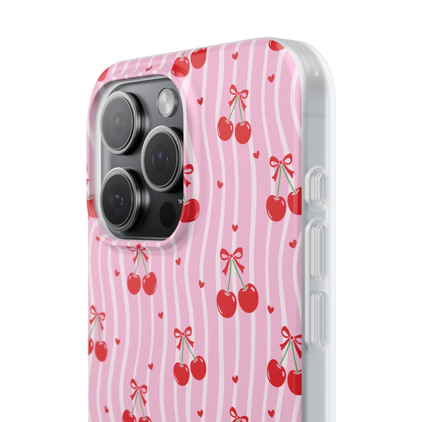 Personalized Cherry Blossom Dreams Flexi Case — Pink Retro Cherry iPhone® 7/8, 11, 12, 13, 14, 15, 16, 17, X/XS, SE, XR, Mini, Pro, Pro Max, Plus Cases.