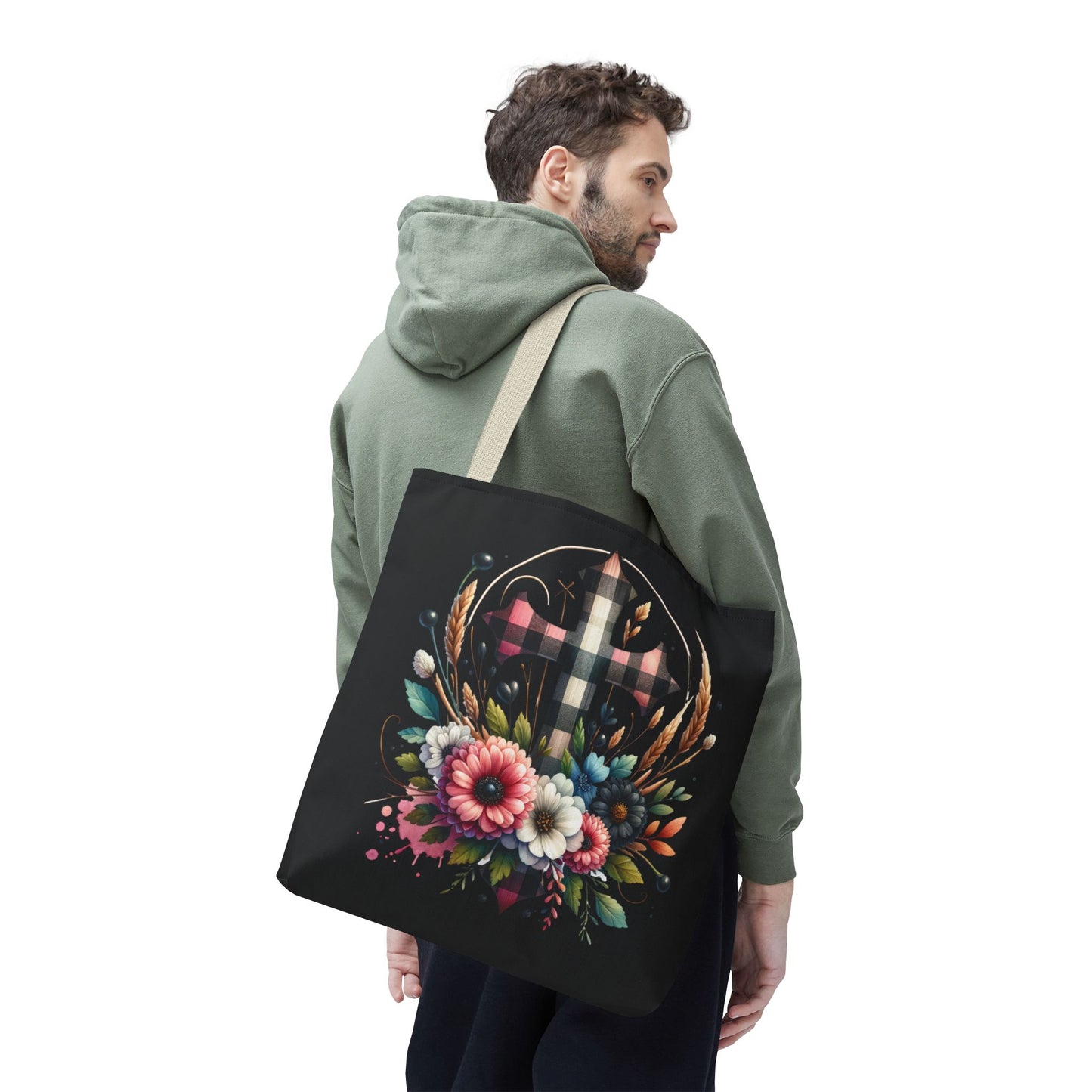 Faith and Floral Cross Heart Tote Bag