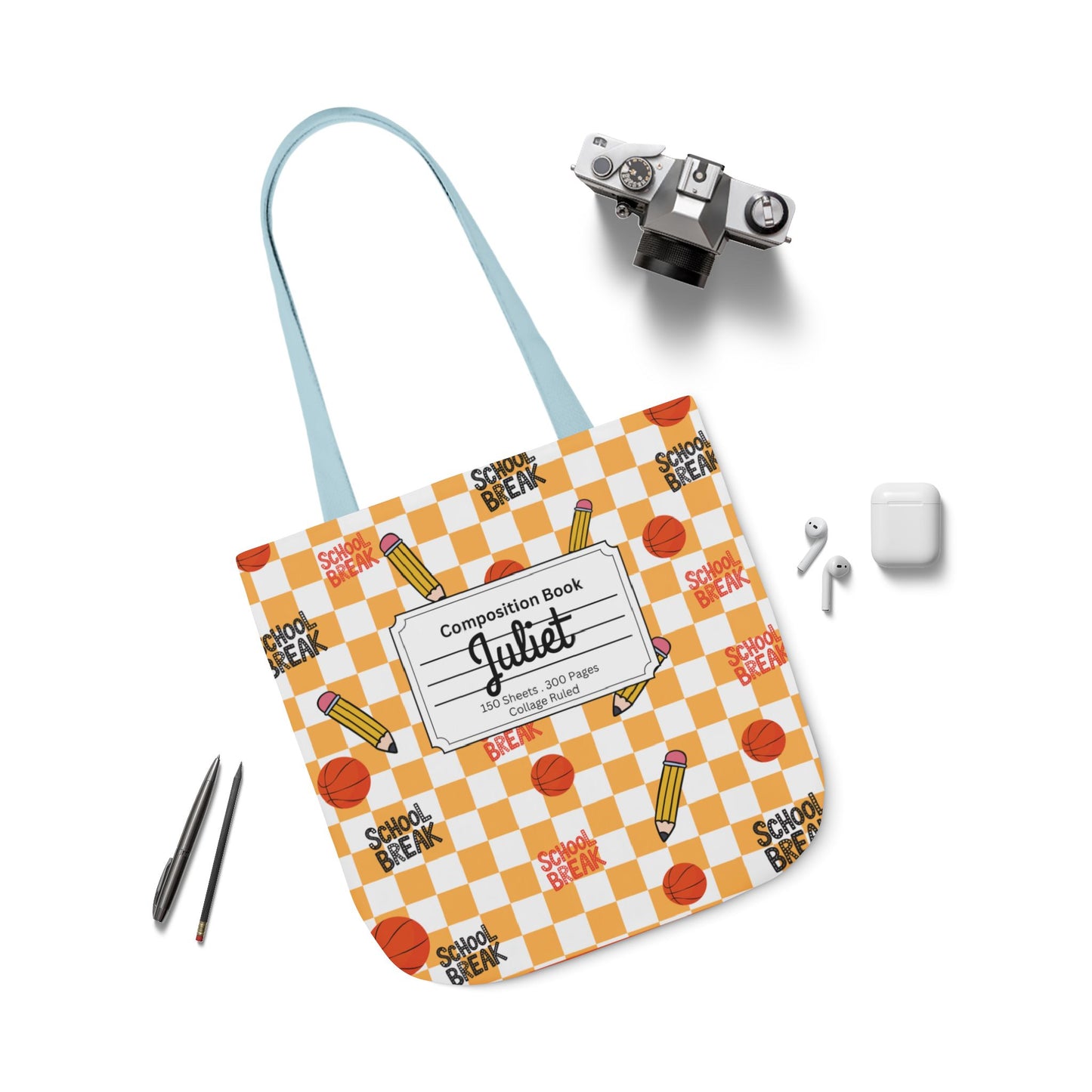 Personalized Orange Schoolyard Chic Composition Book Inspired Canvas Tote Bag with Colorful Straps, Cute School Bag, Eco-Friendly Tote, Back to School Shopping Bag, Teacher Gift Idea