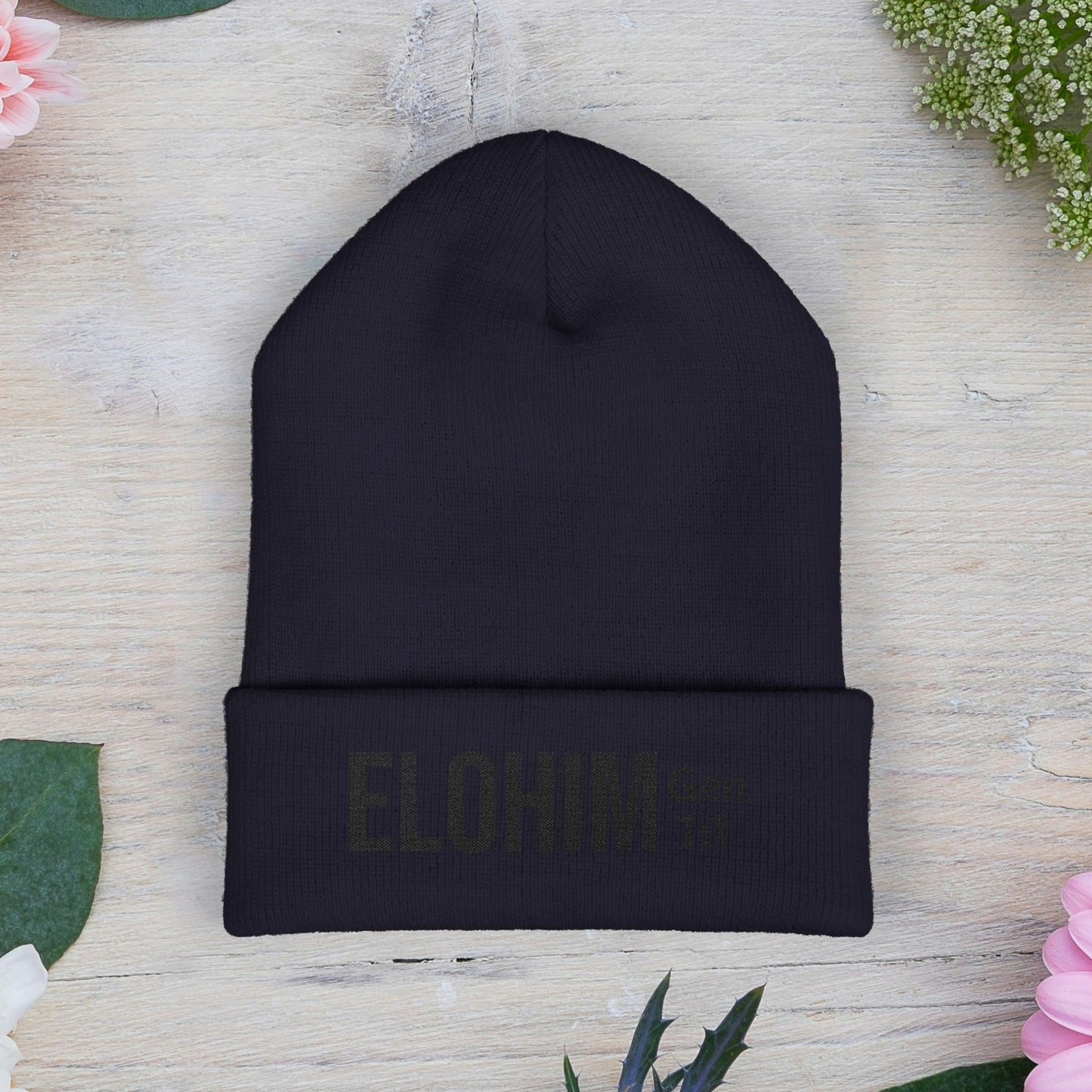 Embroidered 'ELOHIM, GENESIS 1:1' Classic Cuffed Beanie - Cozy Winter Hat, Streetwear Accessory, Personalized Gifts, Religious Apparel, Unisex Beanie
