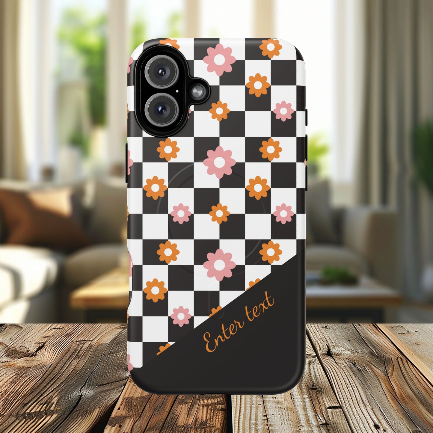 Groovy Checkered Bloom iPhone Case, Tough Magnetic Cases for Women, Stylish iPhone Cover, Trendy Floral Print, Gift for Her, Everyday Accessories