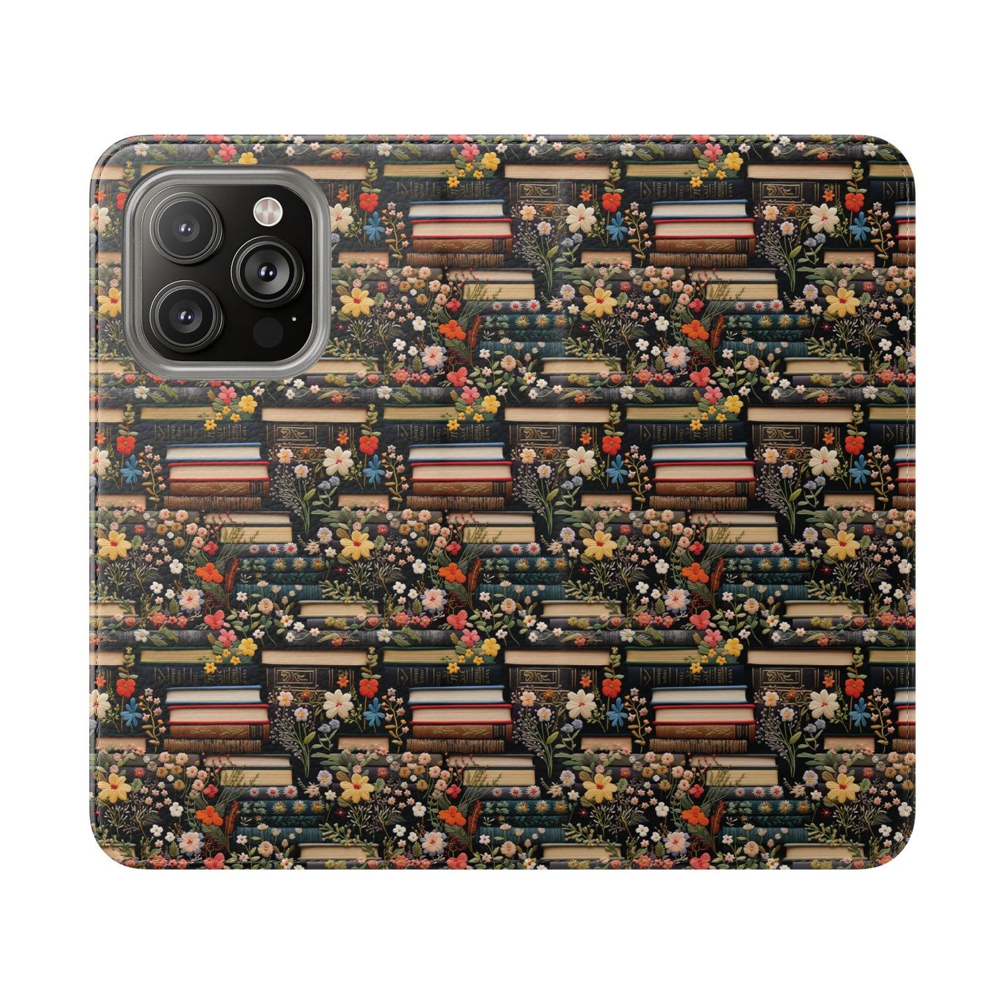 Book Stack Floral Flip iPhone and Samsung Phone Case — Vintage Library Wallet Cover.