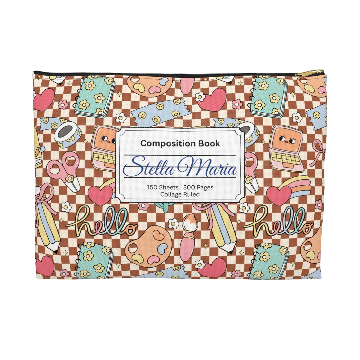 Personalized Brown Doodle Daydream Composition Book Inspired Accessory Pouch, Kids School Supplies, Classroom Organizer, Teacher Gift, Fun Stationery Case, Back to School