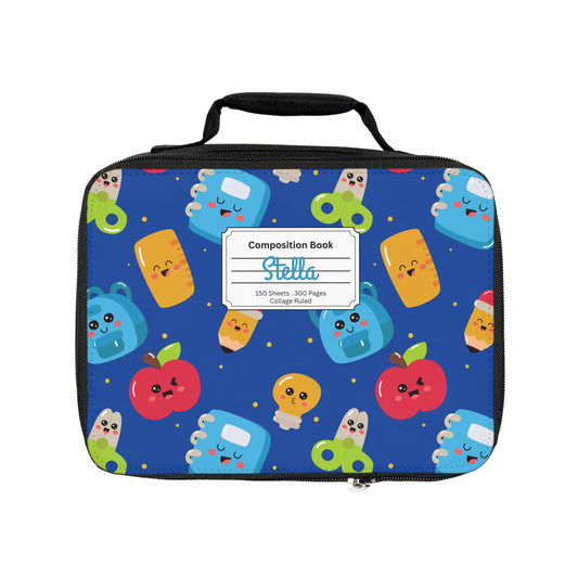 Personalized Blue Kawaii Composition Book Inspired Colorful Kids Lunch Bag for School, Snack Bag, Lunch Tote, Lunchbox, Kids' Bag with Fun Back to School Design