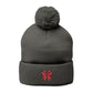 Cozy Pom-Pom Coquette Knit Cap with Embroidered Red Bow