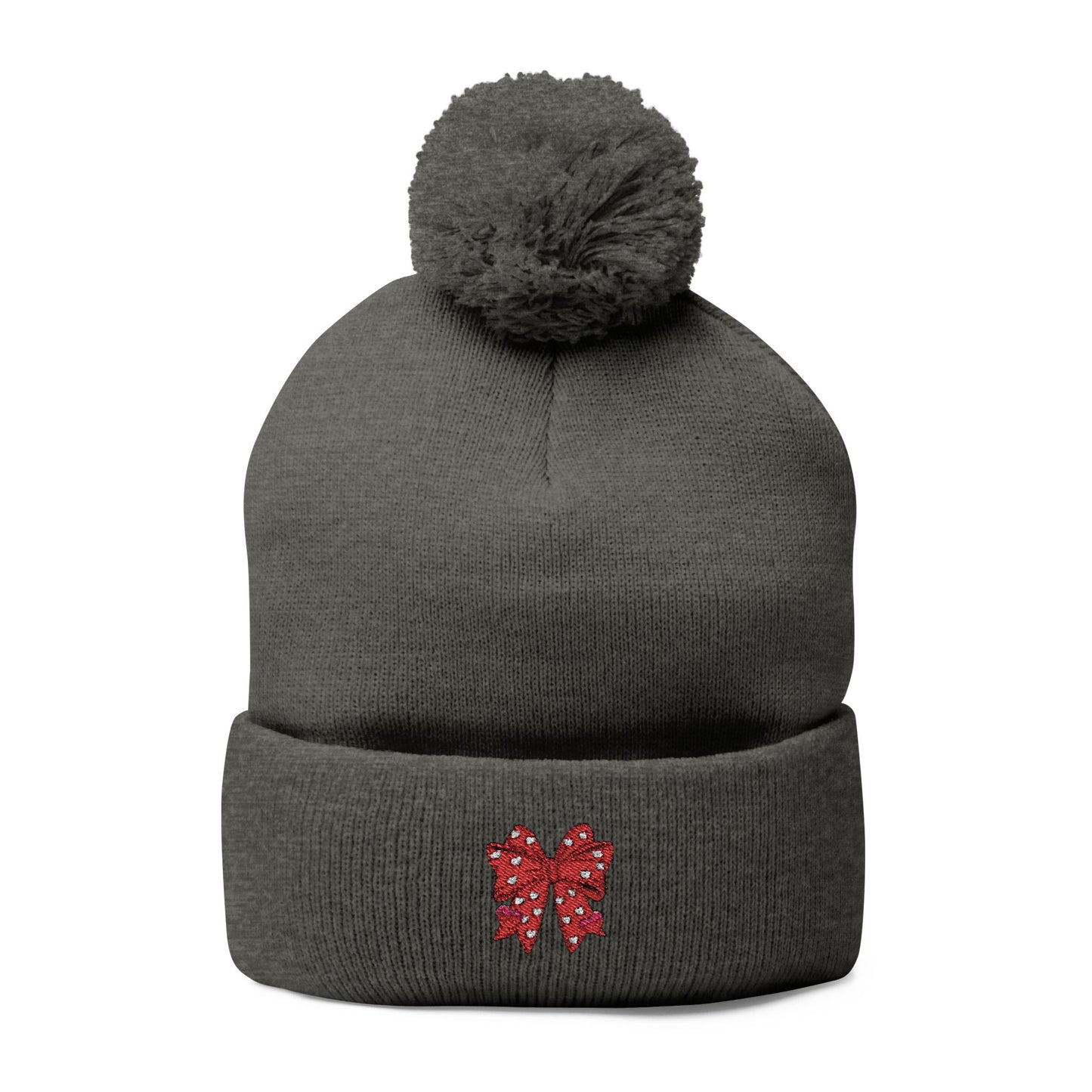 Cozy Pom-Pom Coquette Knit Cap with Embroidered Red Bow