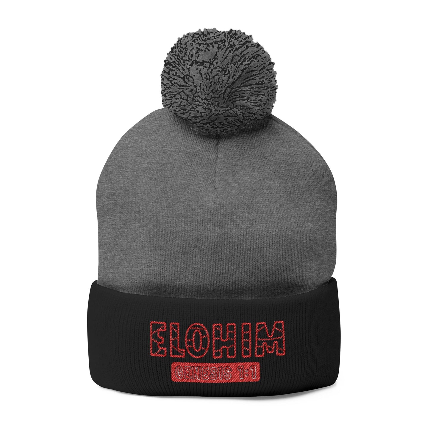 Red Pom-Pom Knit Cap with 'ELOHIM, GENESIS 1:1'  Embroidery Beanie - Stylish Winter Accessory for All Ages, Perfect Gift for Birthdays, Holidays, and Outdoor Activities