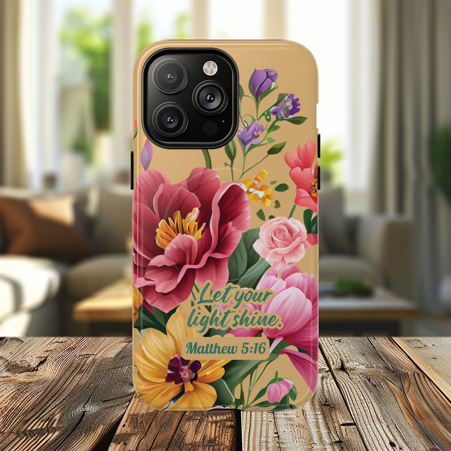 Let your Light Shine Matthew 5:16, Inspirational Gift, Tough iPhone Magnetic Case Scripture, Floral Bible Verse, MagSafe® iPhone® Tough Case, iPhone 14, iPhone 15, iPhone 16, Pro, Pro Max, Plus.