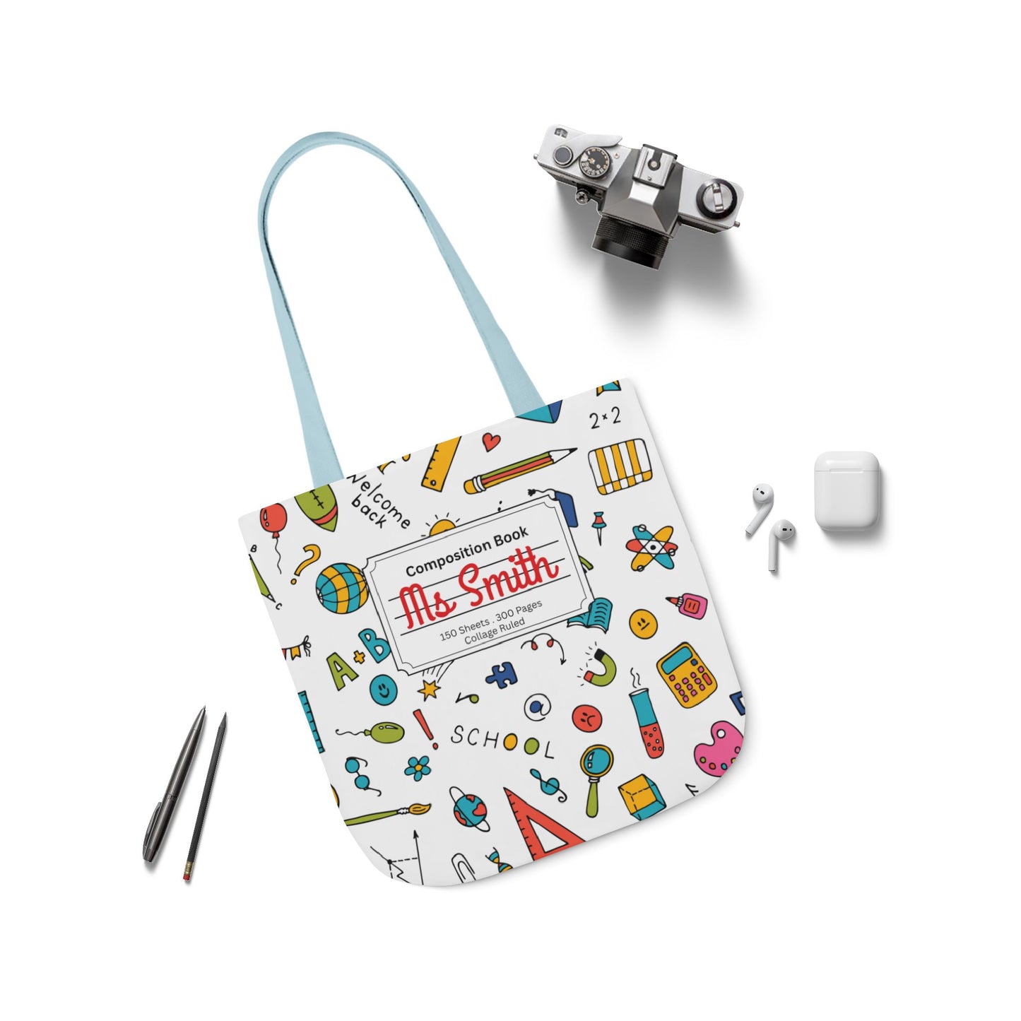 Personalized Classroom Couture Composition Book Inspired Canvas Tote Bag with Colorful Straps, Cute School Bag, Eco-Friendly Tote, Back to School Shopping Bag, Teacher Gift Idea