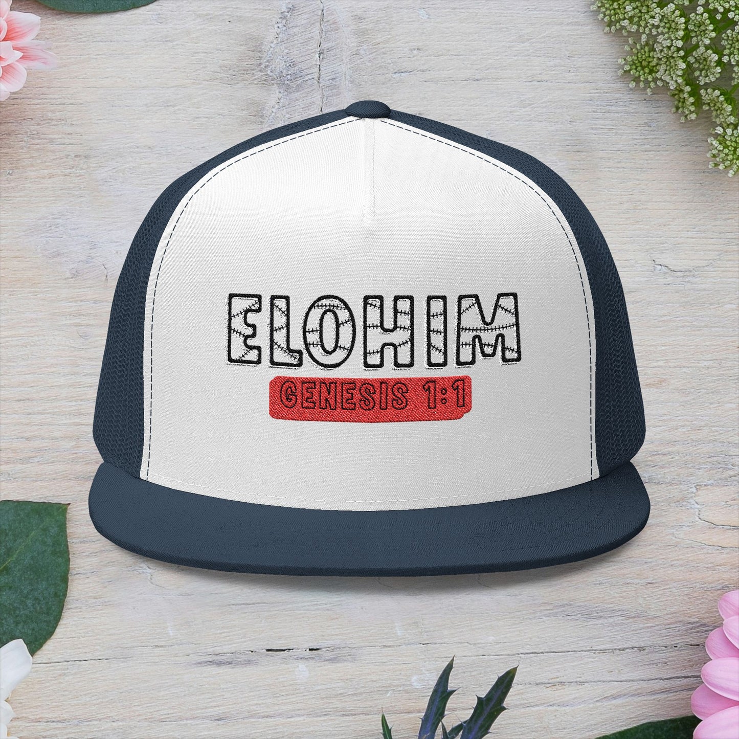'ELOHIM, GENESIS 1:1'  Embroidered 5 Panel Trucker Cap | Casual Style Hat, Adjustable, Unisex, Perfect Gift for Outdoors, Festivals, Daily Wear