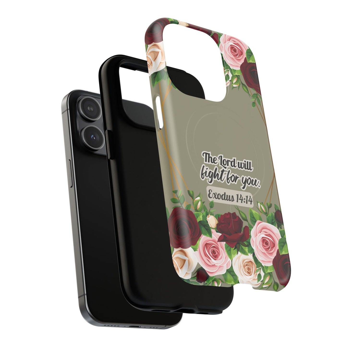 The Lord will Fight for You Exodus 14:14, Inspirational Gift, Tough iPhone Magnetic Case Scripture, Roses Bible Verse, MagSafe® iPhone® Tough Case, iPhone 14, iPhone 15, iPhone 16, Pro, Pro Max, Plus.