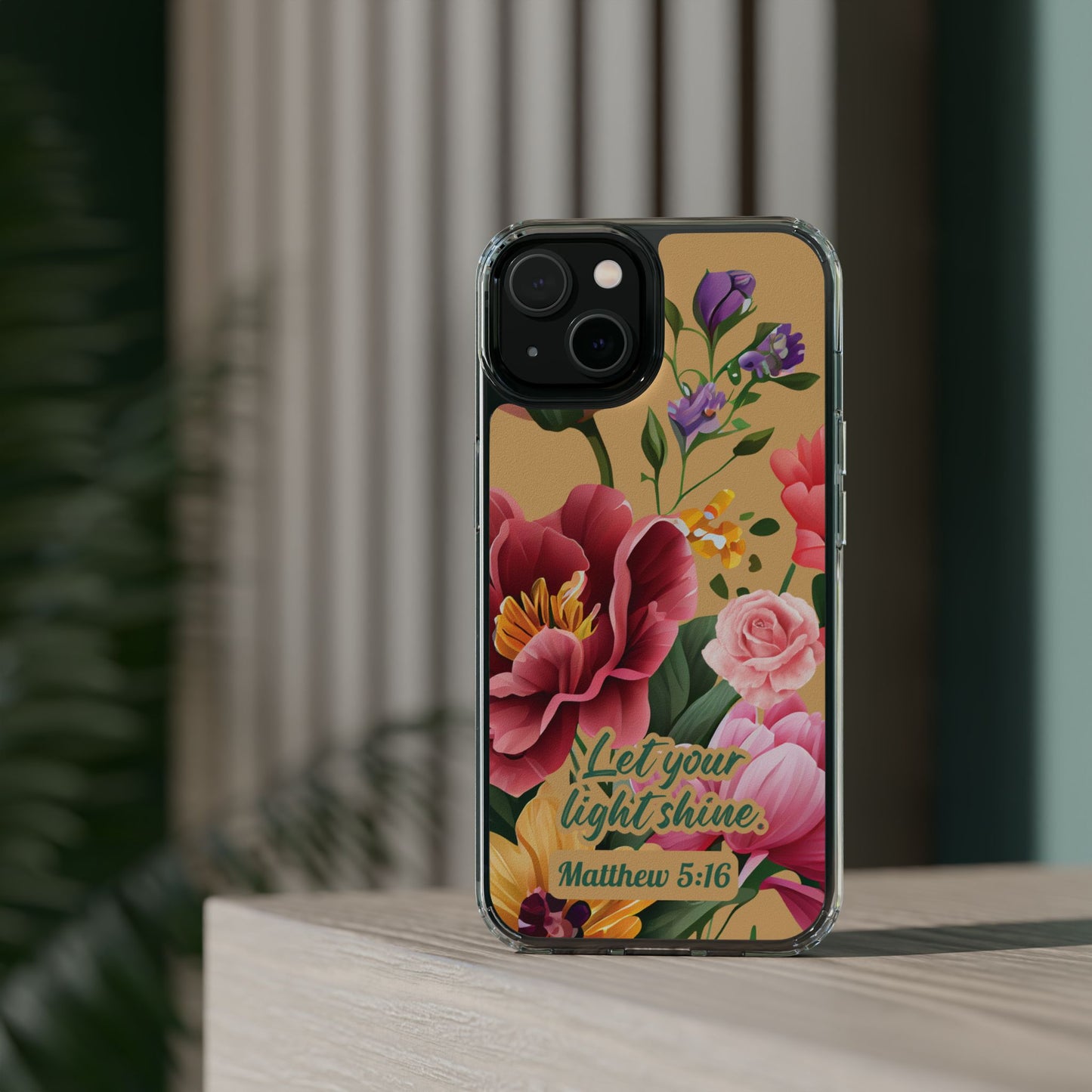 Clear Floral Bible Verse Phone Case — "Let Your Light Shine" (Matthew 5:16) for iPhone and Samsung Cases.