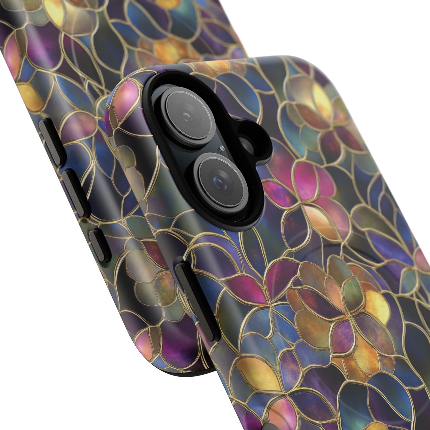 Chromatic Bloom Tough iPhone Magnetic Case, Tough iPhone Cover, Floral iPhone Accessory, Birthday Gift, Elegant Tech Decor, MagSafe Stained Glass Pattern.