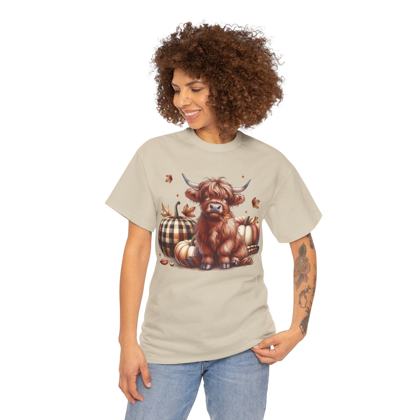 Autumn Highland Cow Charm Unisex Heavy Cotton Tee