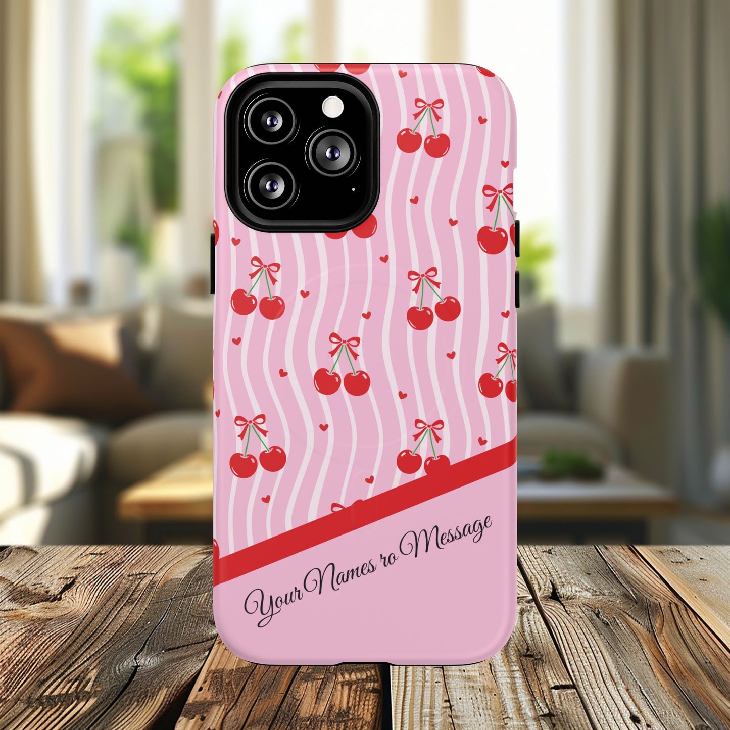 Personalized Cherry Blossom Dreams Tough Magnetic MagSafe® iPhone® 13, 14, 15, 16, 17, Pro, Pro Max, Plus Cases.— Pink Retro (Custom Name)