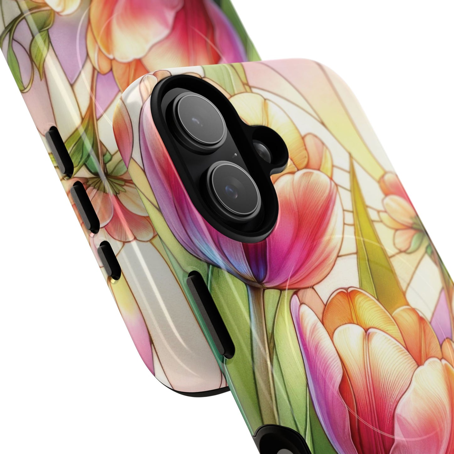Tulip Glow Tough iPhone Magnetic Case, Floral Design, Spring Gift, Durable Protection, Smartphone Accessories, MagSafe Accessories, Stained Glass Tulip Gift