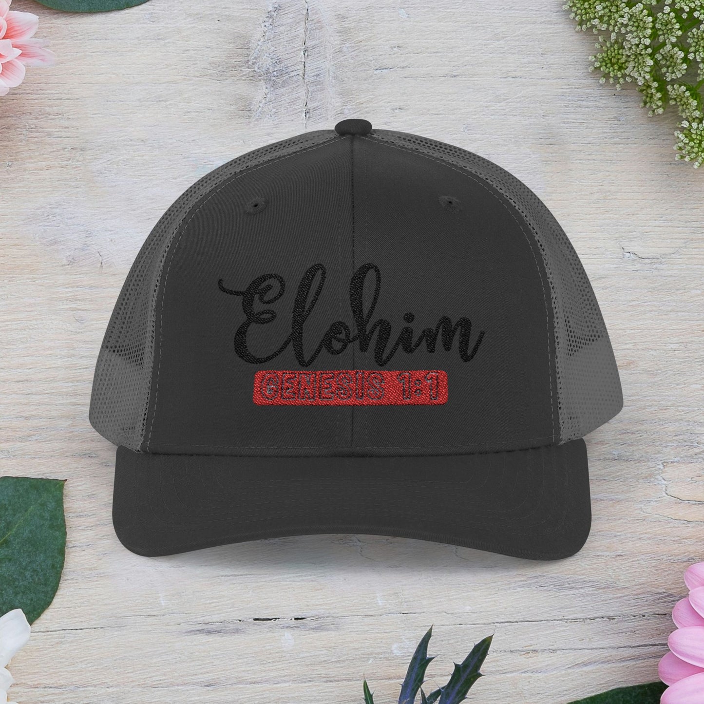 Embroidery 'ELOHIM, GENESIS 1:1' Faith Snapback Trucker Cap - Religious Hat, Stylish Accessory, Gift for Believers, Casual Wear, Outdoor Events, Faith-Based, Name of GOD.
