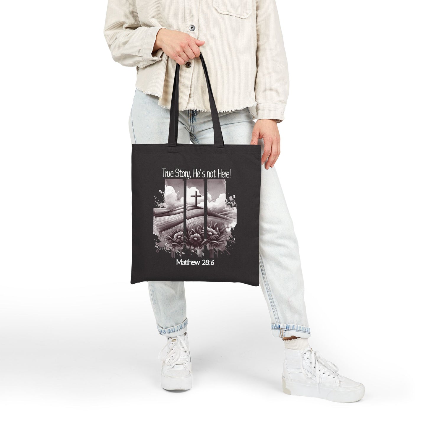 Inspirational Cotton Canvas Tote Bag - 'True Story, He's not Here!' with Matthew 28:6