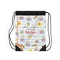 Custom White SchoolYard Chic Composition Book Inspired Colorful playful icons Drawstring Bag | Personalized College Ruled Tote | Kids School Gear | Fun Gym Sack | Back to School Accessory