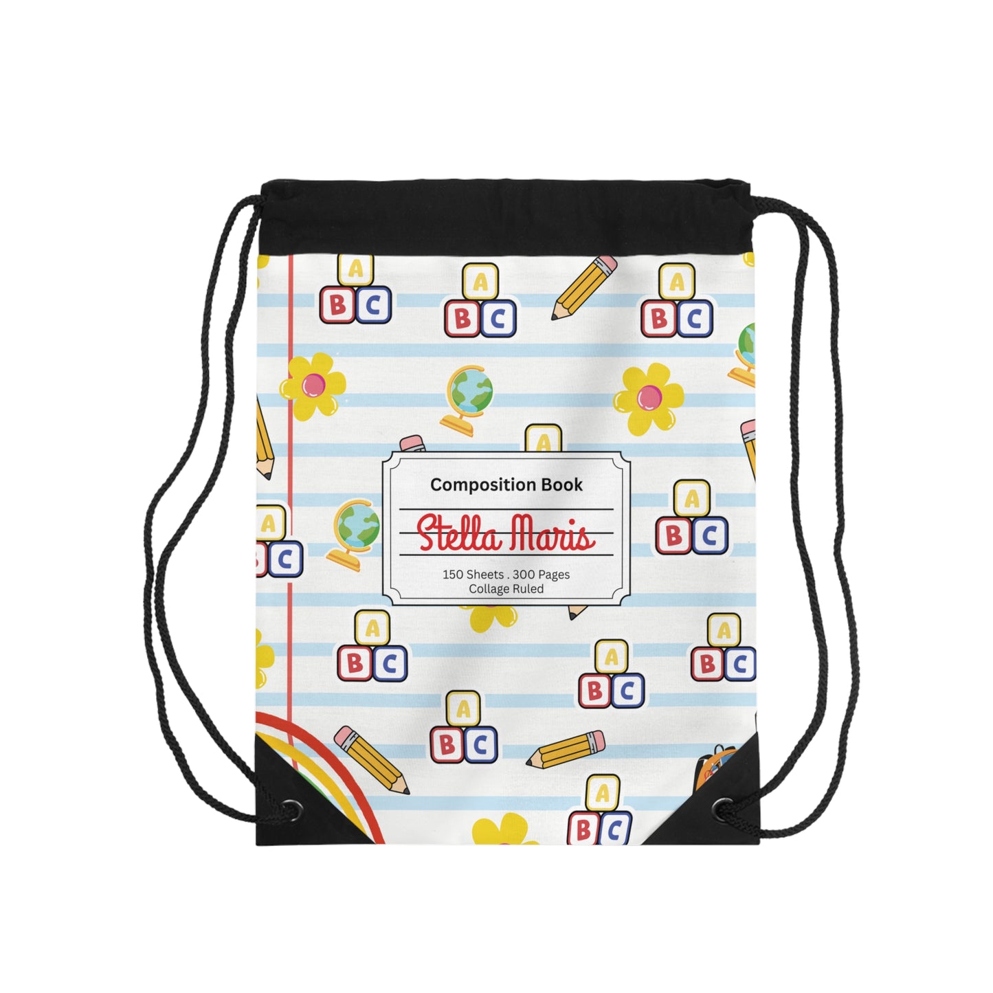 Custom White SchoolYard Chic Composition Book Inspired Colorful playful icons Drawstring Bag | Personalized College Ruled Tote | Kids School Gear | Fun Gym Sack | Back to School Accessory