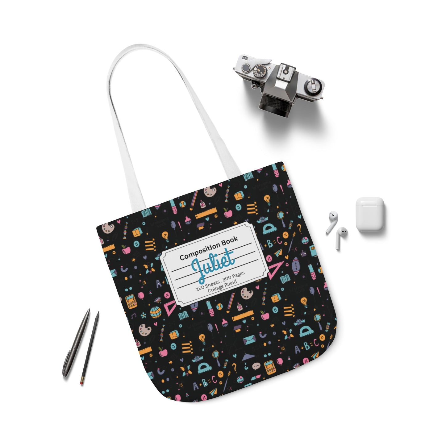 Personalized Chalkboard Chic Composition Book Inspired Canvas Tote Bag with Colorful Straps, Cute School Bag, Eco-Friendly Tote, Back to School Shopping Bag, Teacher Gift Idea