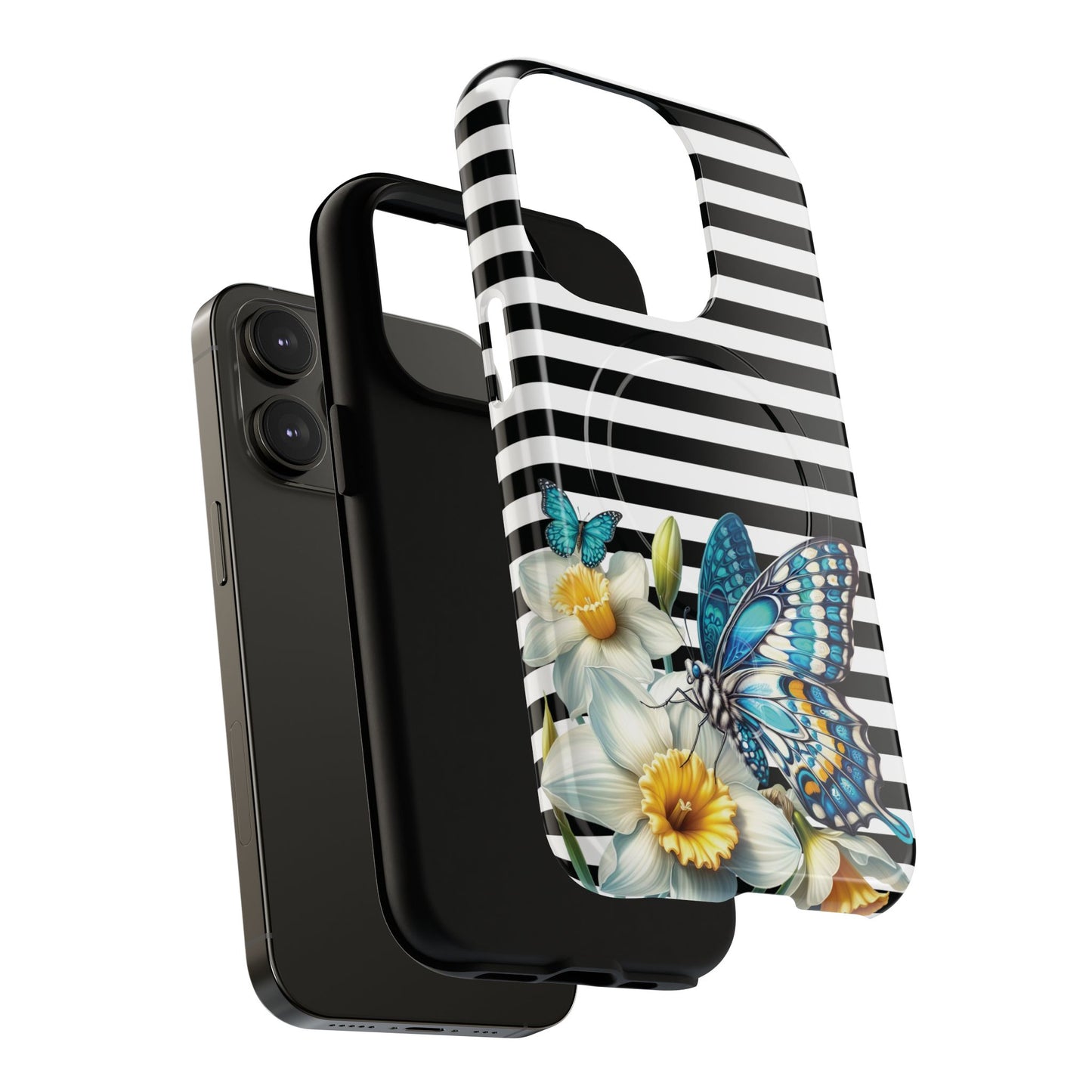 Daffodil Flutter Tough iPhone Magnetic Case, Floral iPhone Accessories, Stylish iPhone Cover, Black Striped Design, Gift for Her, Trendy iPhone
