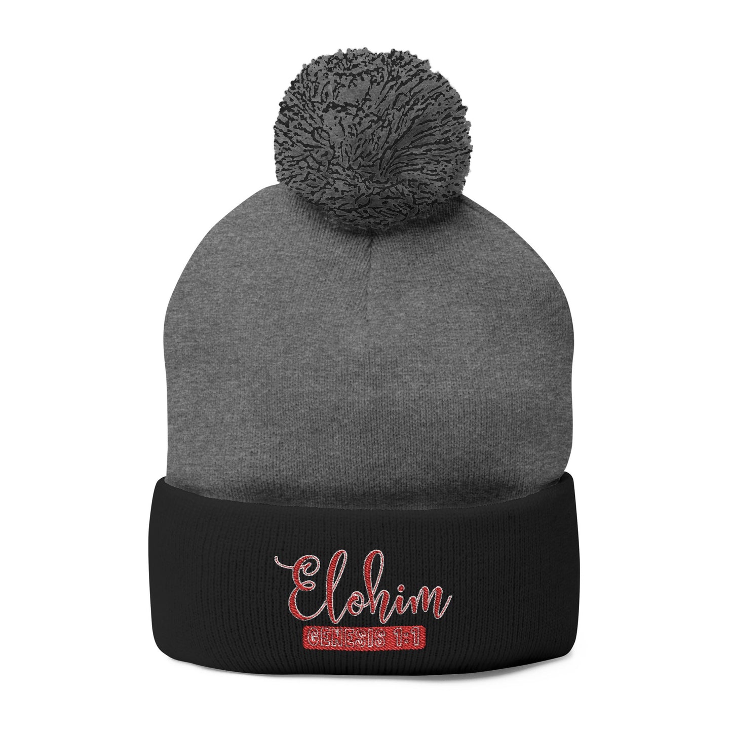 Red Pom-Pom Knit Cap with 'ELOHIM, GENESIS 1:1'  Embroidery Beanie - Stylish Winter Accessory for All Ages, Perfect Gift for Birthdays, Holidays, and Outdoor Activities