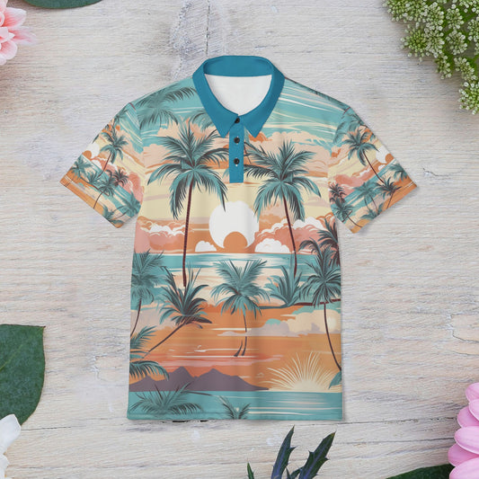 Sunset Paradise Polo Shirt, Vacation Wear, Beach Shirt, Summer Style, Gift for Him, Casual Fashion, Everyday Comfort