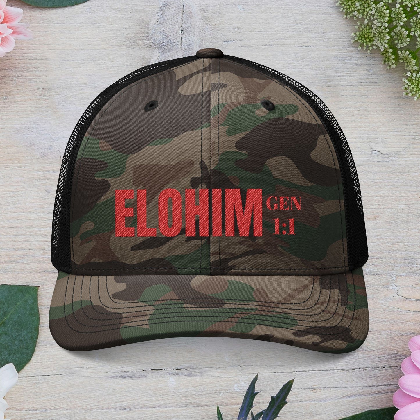 Red Camouflage Embroidered Trucker Hat with 'ELOHIM, GENESIS 1:1', Casual Style Hat, Adjustable, Unisex, Perfect Gift for Outdoors, Festivals, Daily Wear.
