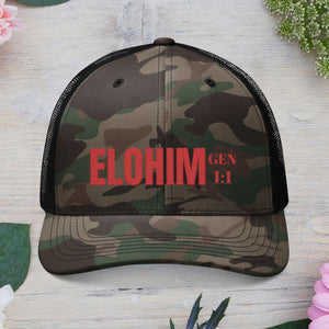 Red Camouflage Embroidered Trucker Hat with 'ELOHIM, GENESIS 1:1', Casual Style Hat, Adjustable, Unisex, Perfect Gift for Outdoors, Festivals, Daily Wear.