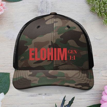 Red Camouflage Embroidered Trucker Hat with 'ELOHIM, GENESIS 1:1', Casual Style Hat, Adjustable, Unisex, Perfect Gift for Outdoors, Festivals, Daily Wear.