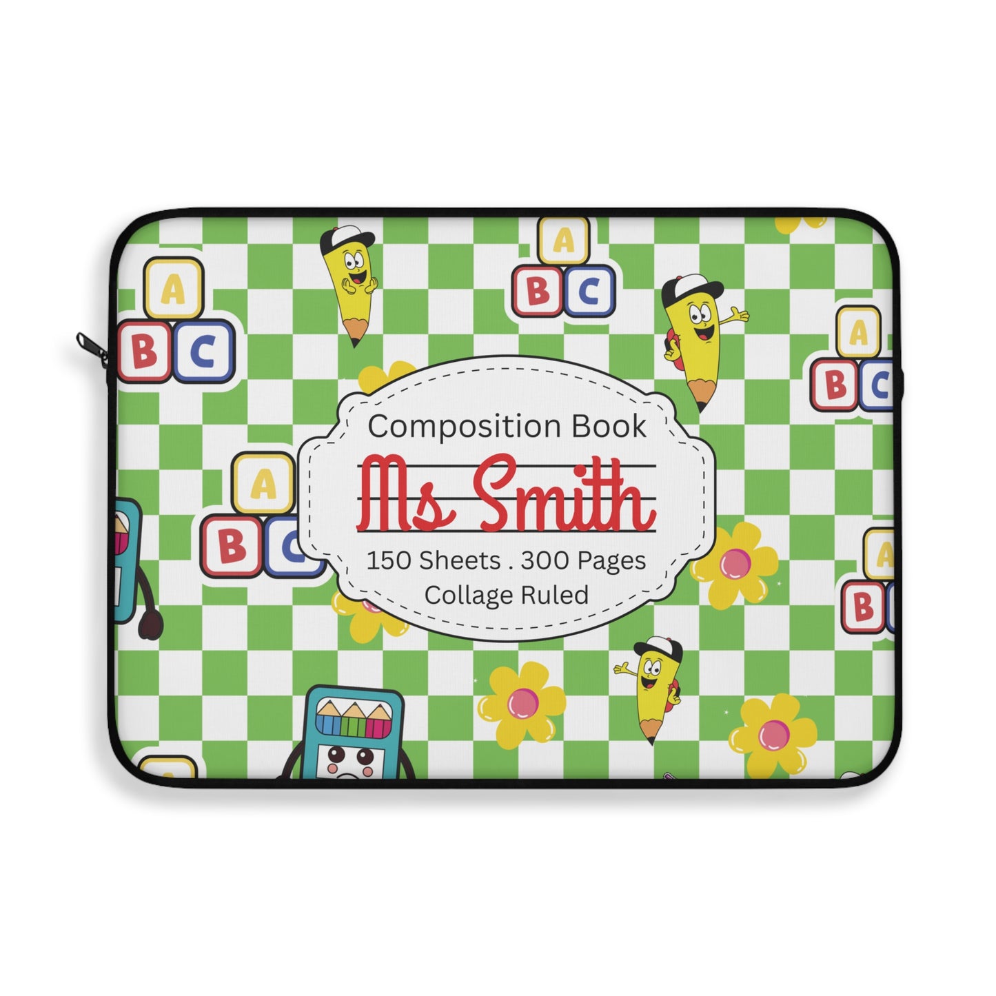 Personalized Green SchoolYard Chic Laptop Sleeve with Composition Book Inspired Design, Educational Gift for Teachers, Classroom Organization, Back to School, Unique Teacher Accessory