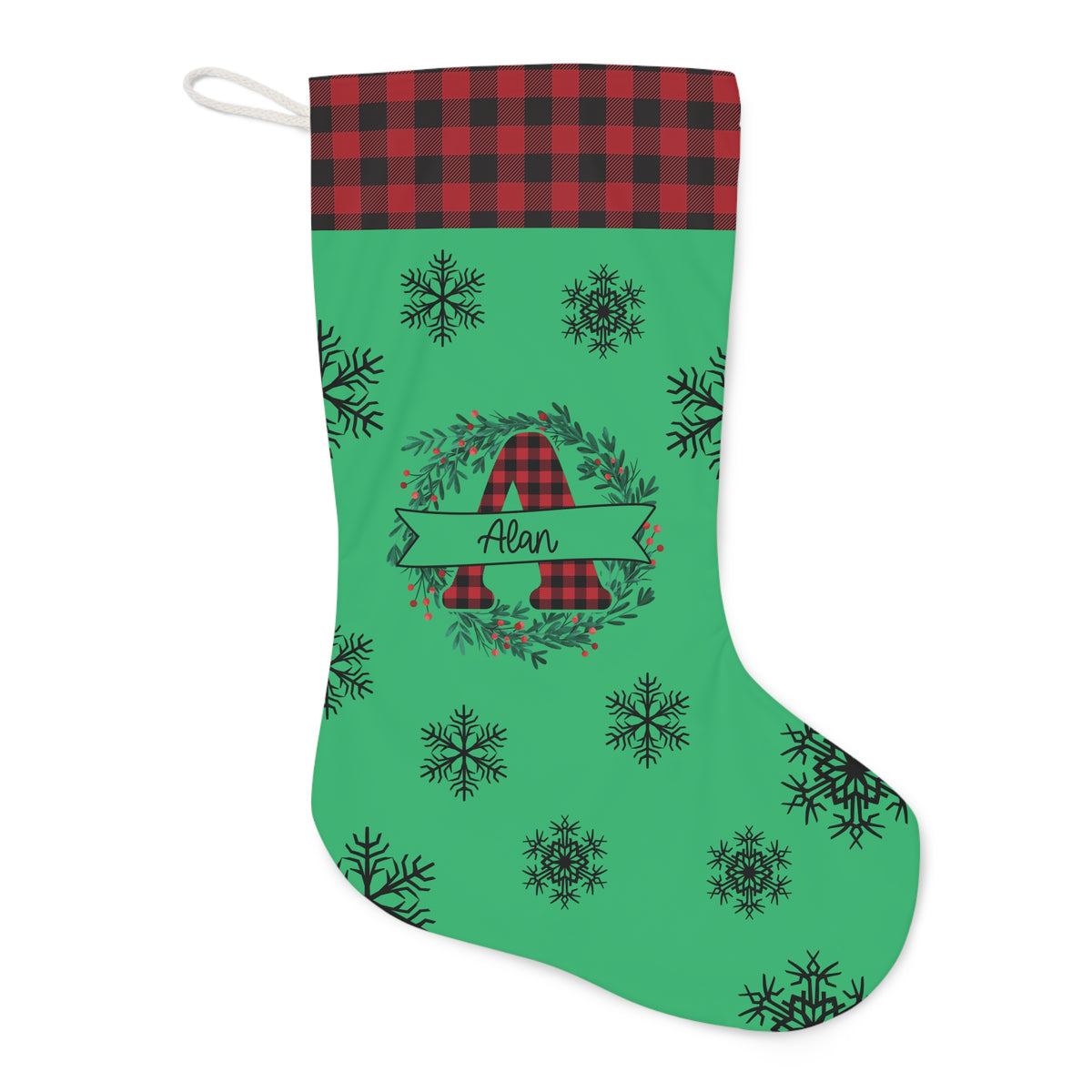 Personalized Buffalo Plaid Santa Stocking – Green Wreath with Name