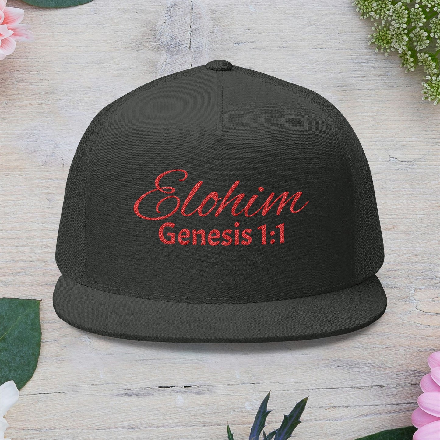 Red 'ELOHIM, GENESIS 1:1'  Embroidered 5 Panel Trucker Cap | Casual Style Hat, Adjustable, Unisex, Perfect Gift for Outdoors, Festivals, Daily Wear