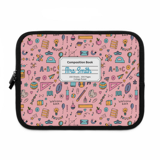 Personalized Pink Chalkboard Chic Laptop Sleeve with Composition Book Inspired Design, Customizable Tech Case, School Supplies, Gift for Students, College Essentials, Back to School
