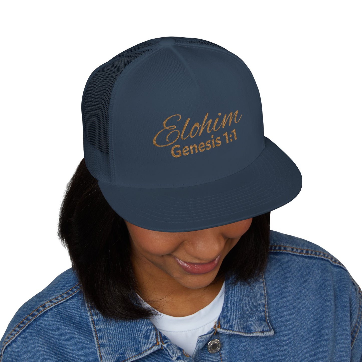 'ELOHIM, GENESIS 1:1'  Embroidered 5 Panel Trucker Cap | Casual Style Hat, Adjustable, Unisex, Perfect Gift for Outdoors, Festivals, Daily Wear
