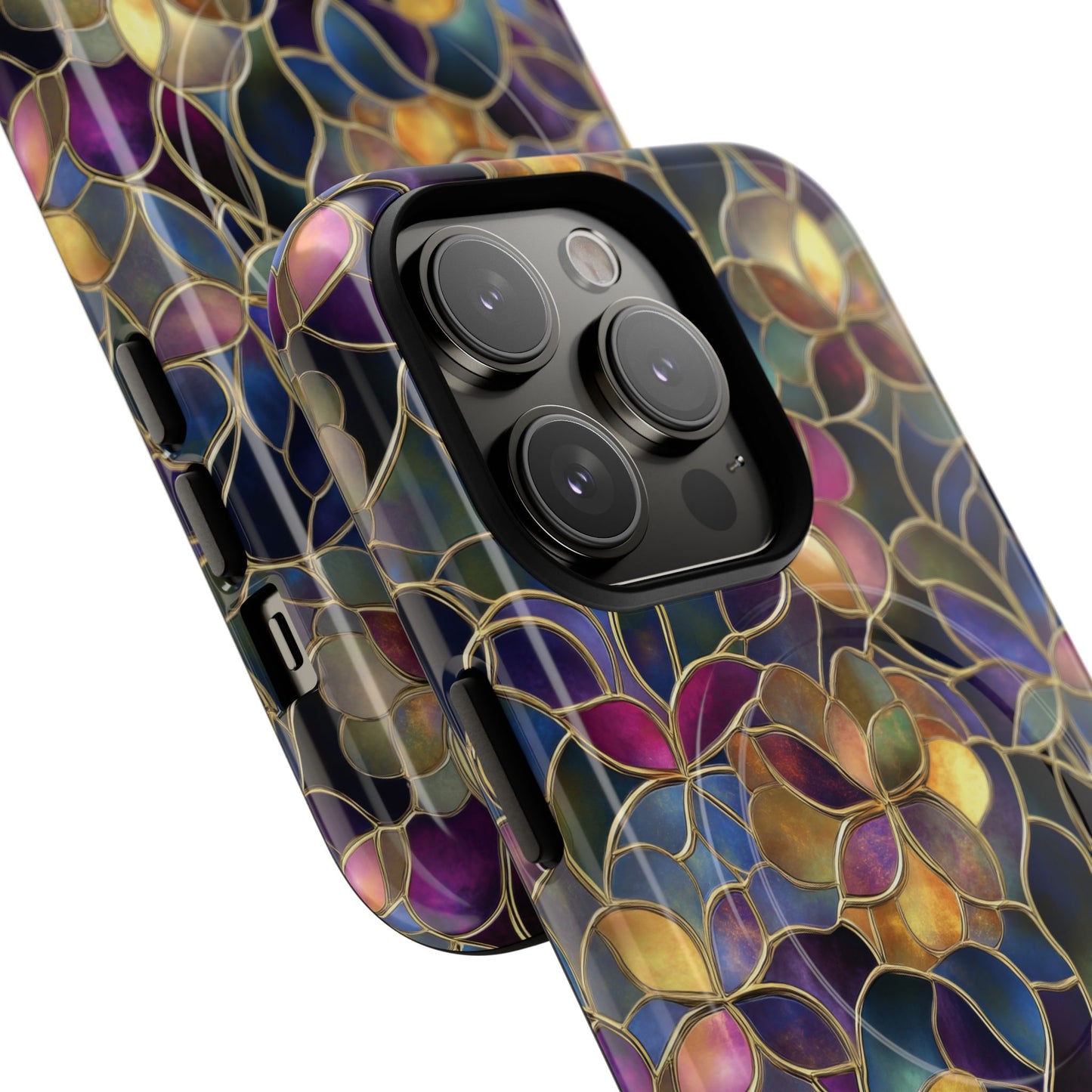 Chromatic Bloom Tough iPhone Magnetic Case, Tough iPhone Cover, Floral iPhone Accessory, Birthday Gift, Elegant Tech Decor, MagSafe Stained Glass Pattern.