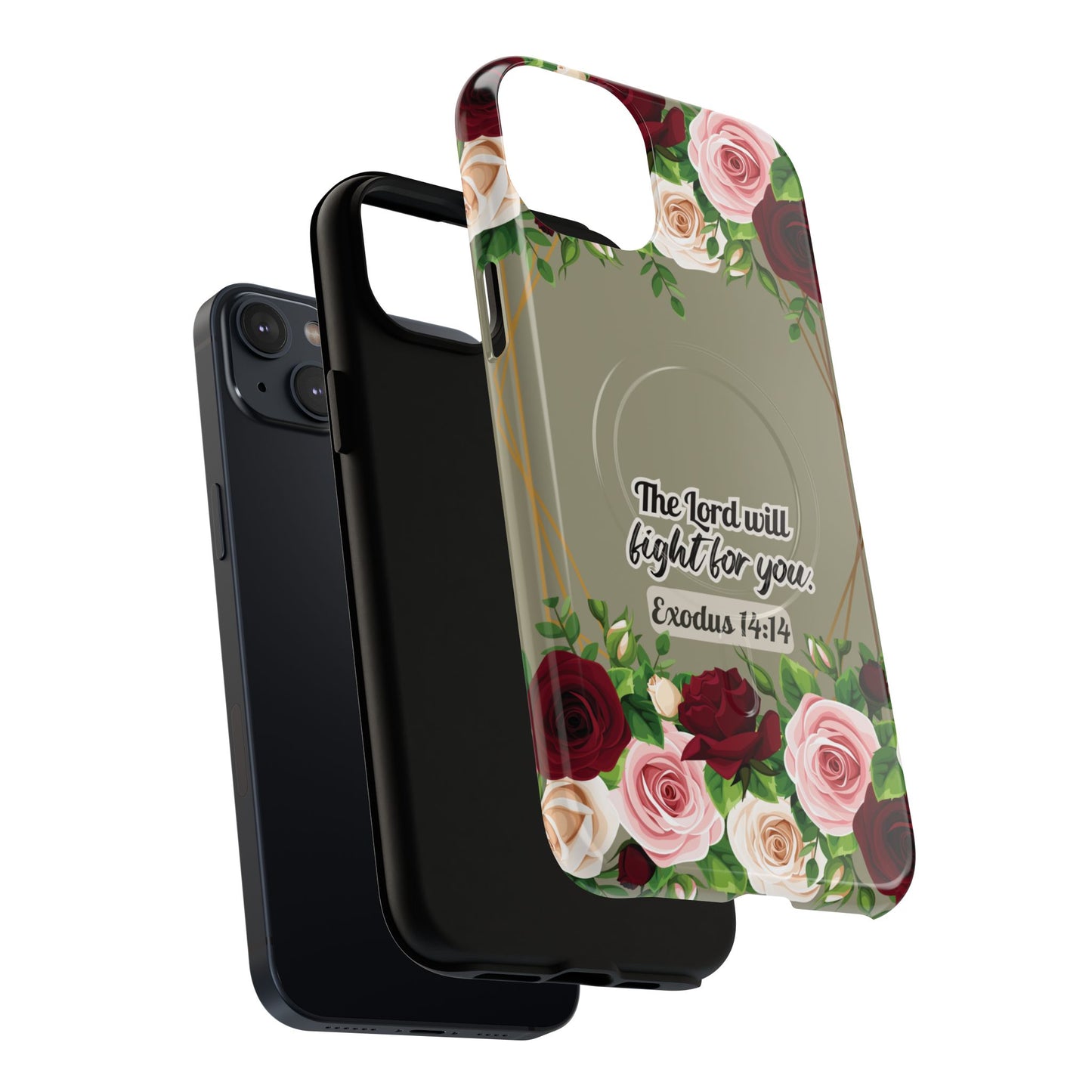 The Lord will Fight for You Exodus 14:14, Inspirational Gift, Tough iPhone Magnetic Case Scripture, Roses Bible Verse, MagSafe® iPhone® Tough Case, iPhone 14, iPhone 15, iPhone 16, Pro, Pro Max, Plus.