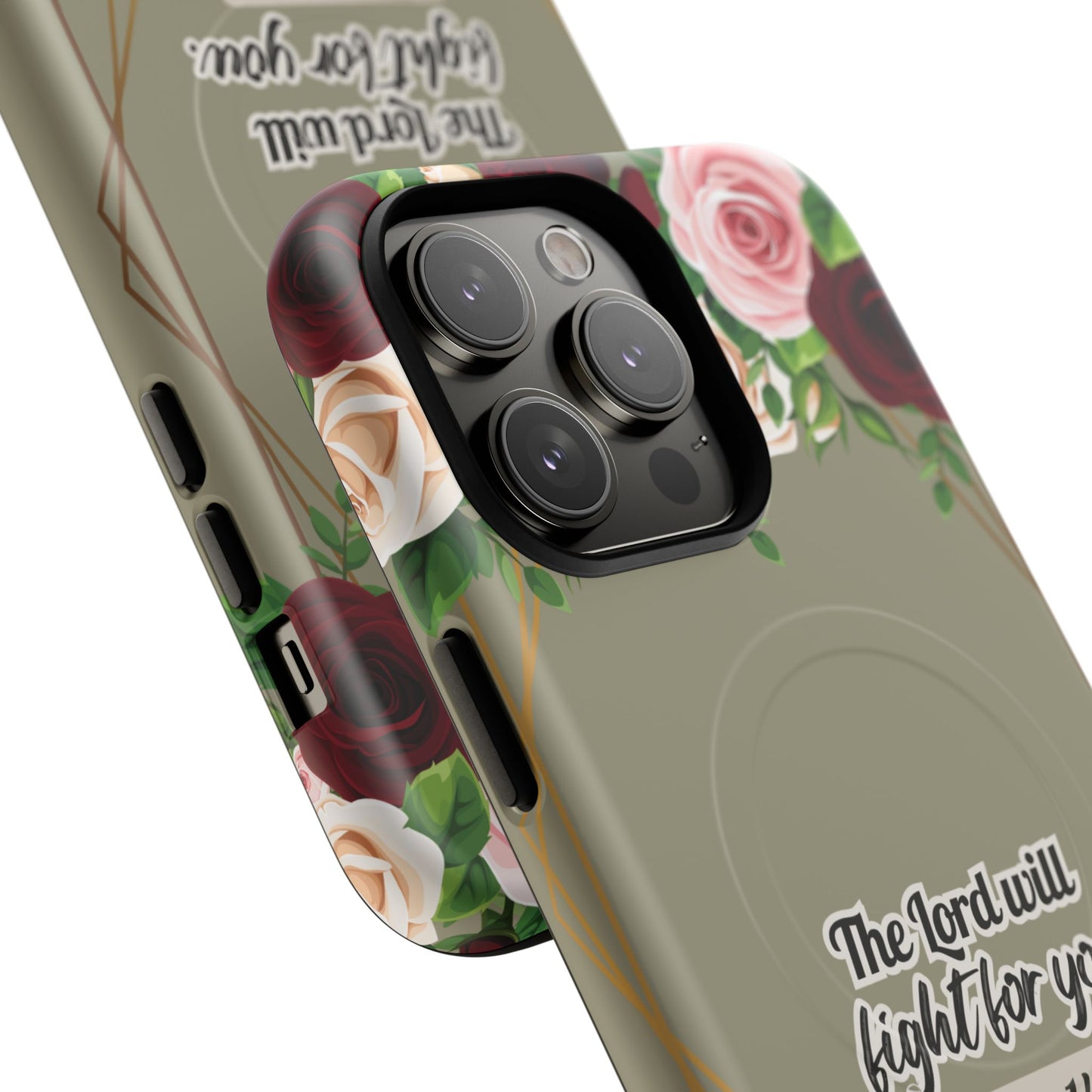 The Lord will Fight for You Exodus 14:14, Inspirational Gift, Tough iPhone Magnetic Case Scripture, Roses Bible Verse, MagSafe® iPhone® Tough Case, iPhone 14, iPhone 15, iPhone 16, Pro, Pro Max, Plus.