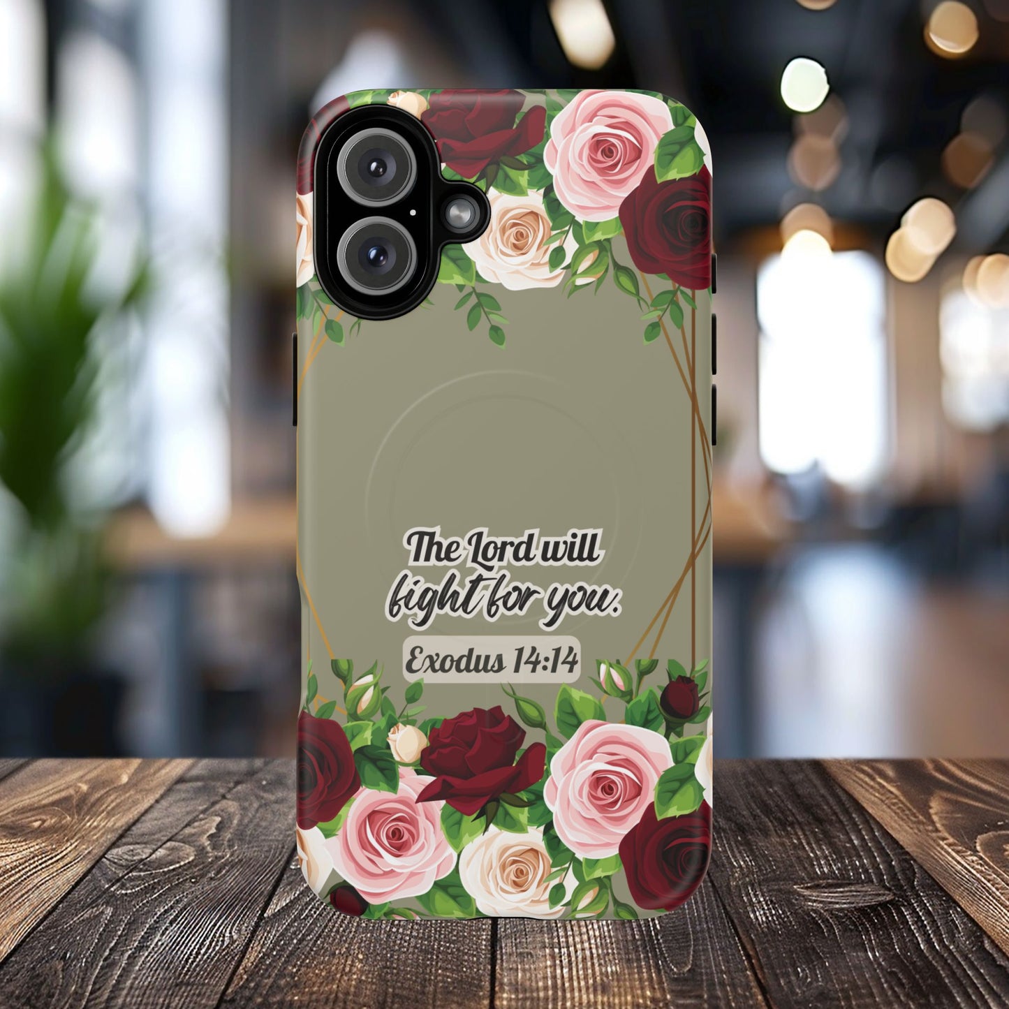 The Lord will Fight for You Exodus 14:14, Inspirational Gift, Tough iPhone Magnetic Case Scripture, Roses Bible Verse, MagSafe® iPhone® Tough Case, iPhone 14, iPhone 15, iPhone 16, Pro, Pro Max, Plus.