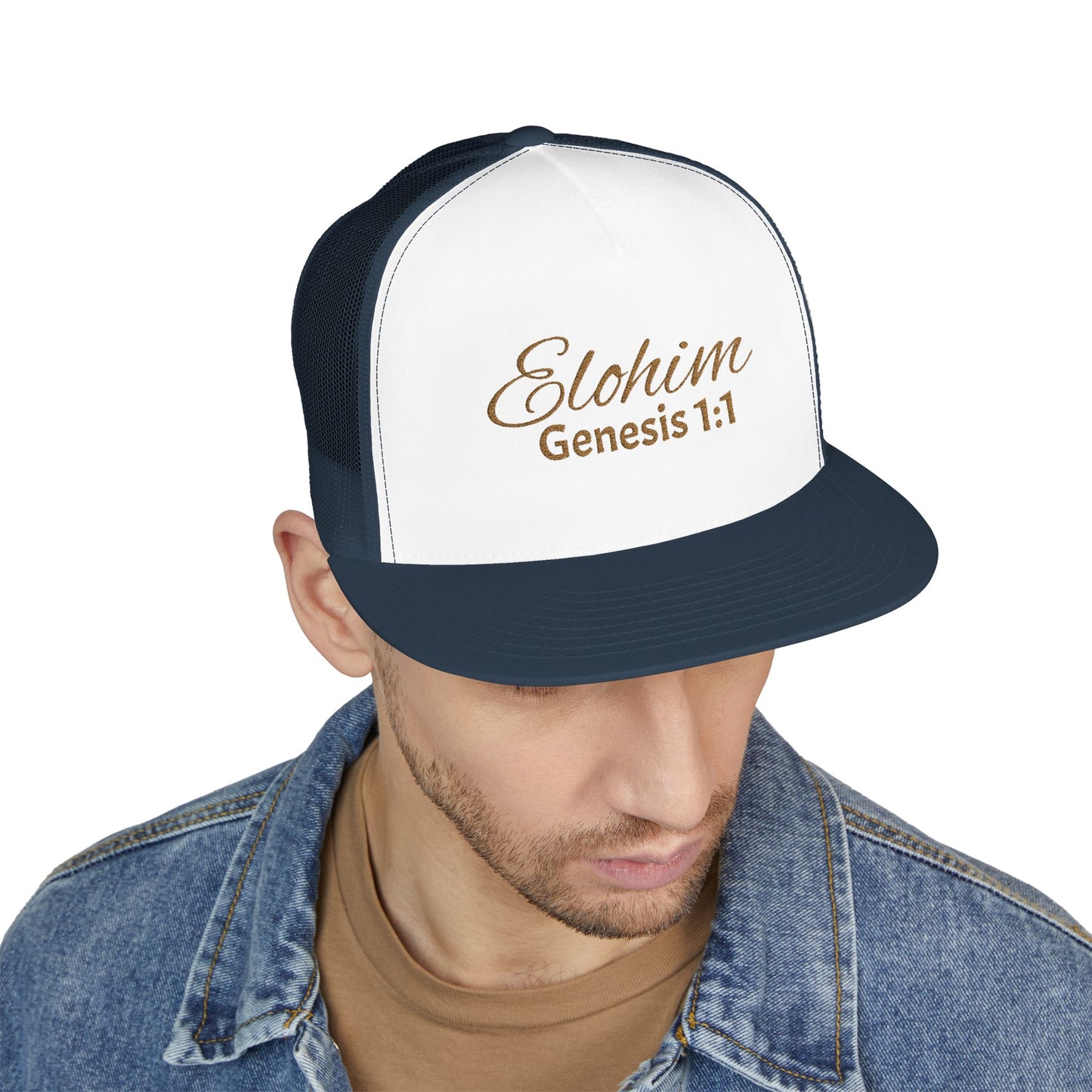'ELOHIM, GENESIS 1:1'  Embroidered 5 Panel Trucker Cap | Casual Style Hat, Adjustable, Unisex, Perfect Gift for Outdoors, Festivals, Daily Wear