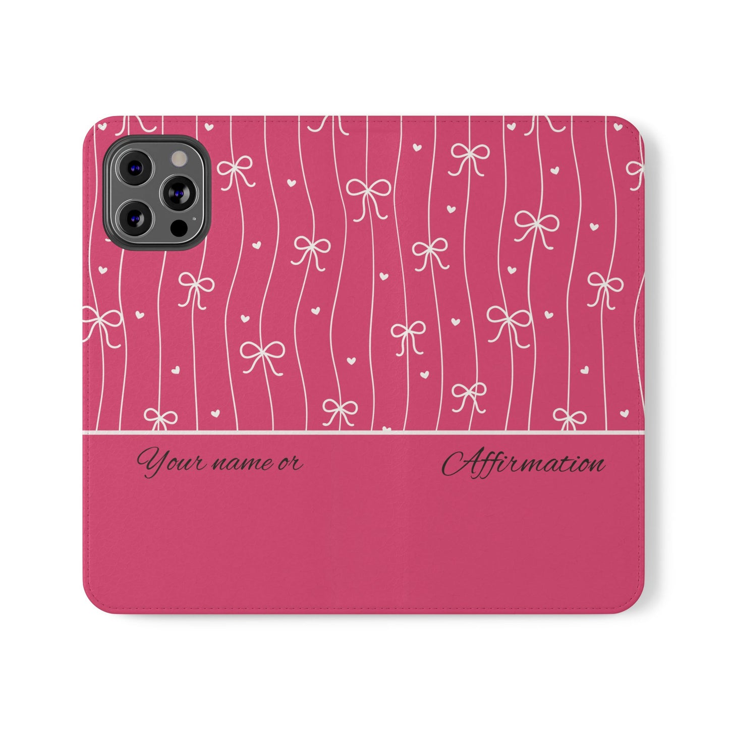 Personalized Pink Bow Coquette Flip iPhone and Samsumg Case — Custom Name or Affirmation Wallet Cover